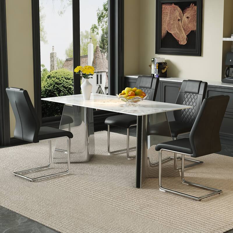 5-Piece Dining Table Set with Marble Pattern, Chair With Arched Metal Silver Leg, Adjustable Feet and Non-slip Pads Black