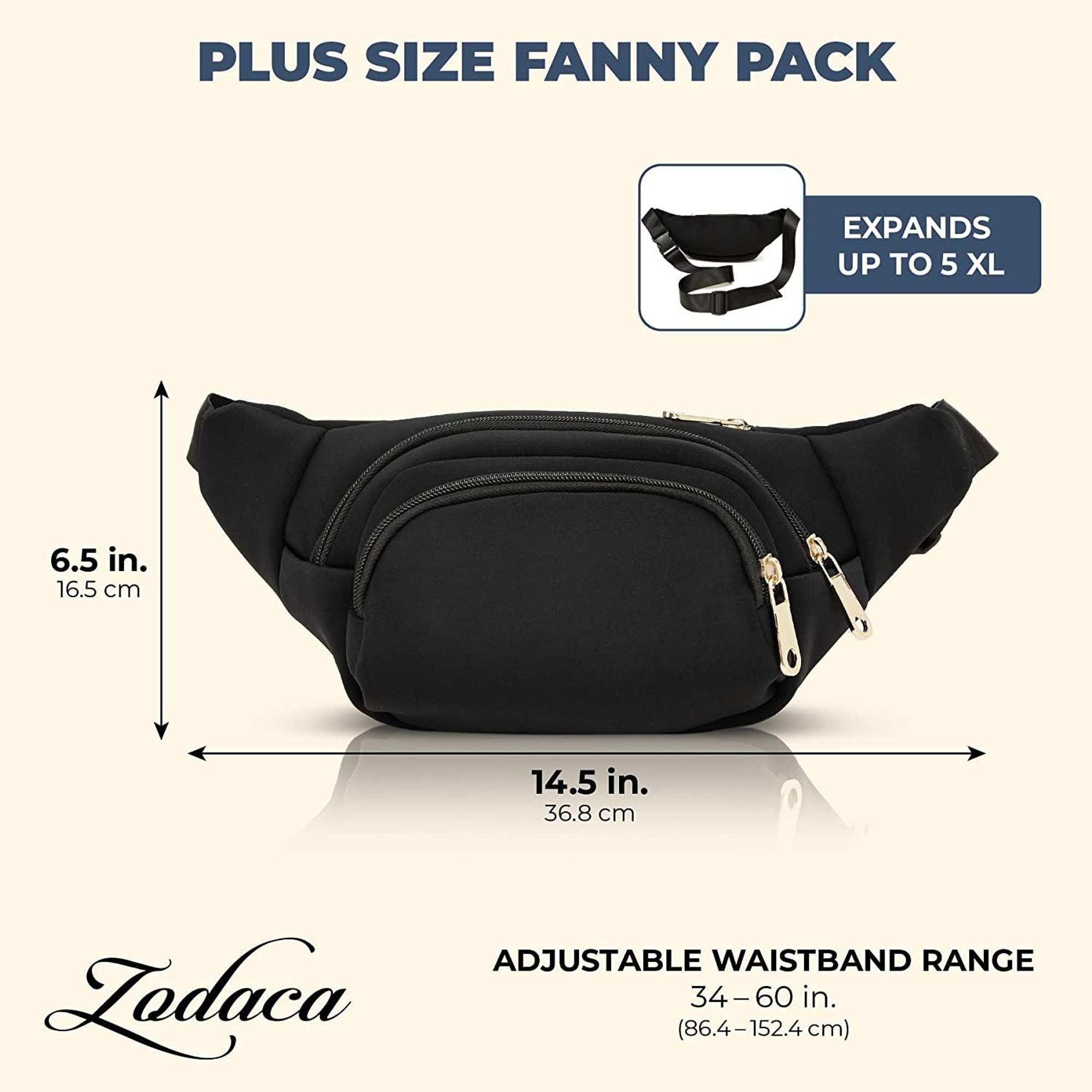 Black Plus Size Travel Fanny Pack Unisex Belt Bag with Adjustable