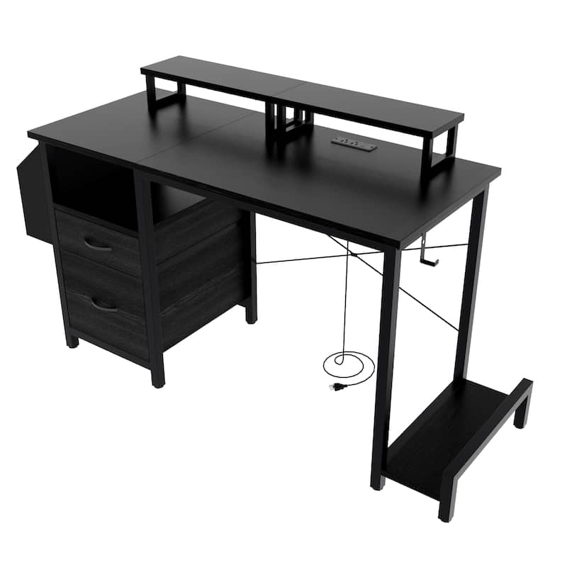Computer Desk with 2 Drawers & Power Outlets, Gaming Desk with 2 Monitor Stands & Side Pocket, Small Home Office Desk