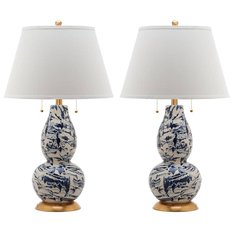 SAFAVIEH Lighting Sebrina 29-inch Navy And White Color Swirls Glass Table Lamp (Set of 2) - 17"x17"x28" - 17Wx17Dx28H