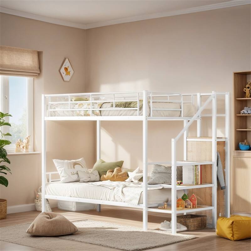 Twin Over Twin Metal Bunk Bed with Lateral Storage Ladder and Wardrobe