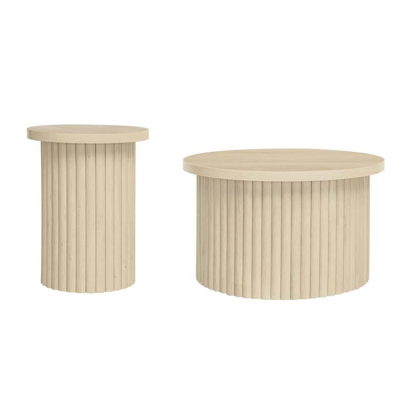 2-Piece, Modern Round Coffee Table Set with Wood-Grain Vertical Slat Legs and Foot pads, for Living Room
