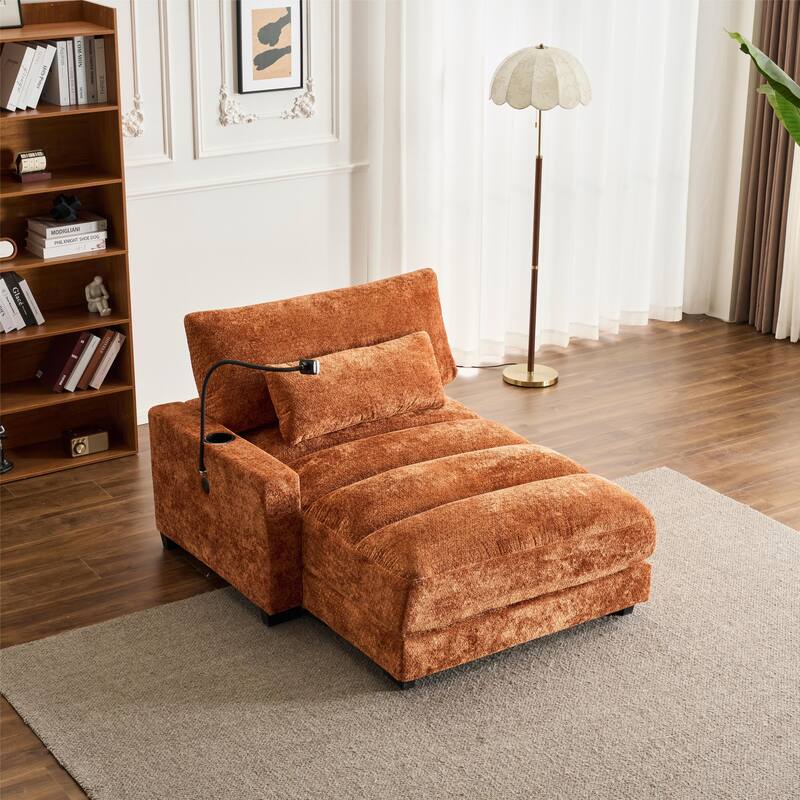 Chenille Single Sofa Chair Chaise Lounge with Phone Holder, Upholstered Recliner Sleeper Sofa Bed for Living Room - Orange