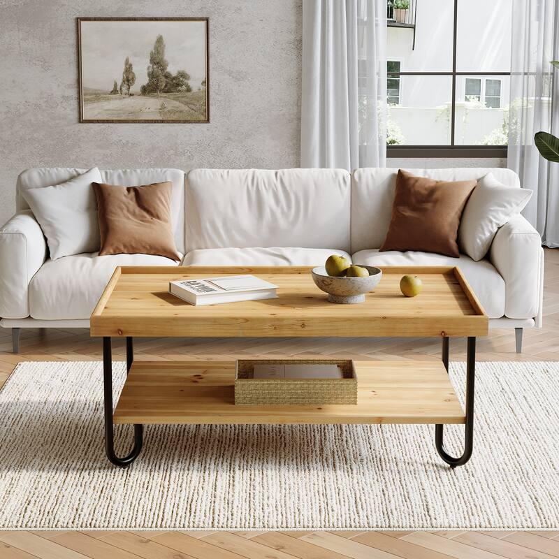 47 Inch Solid Wood Coffee Table 2-Tier Rectangular Center Table