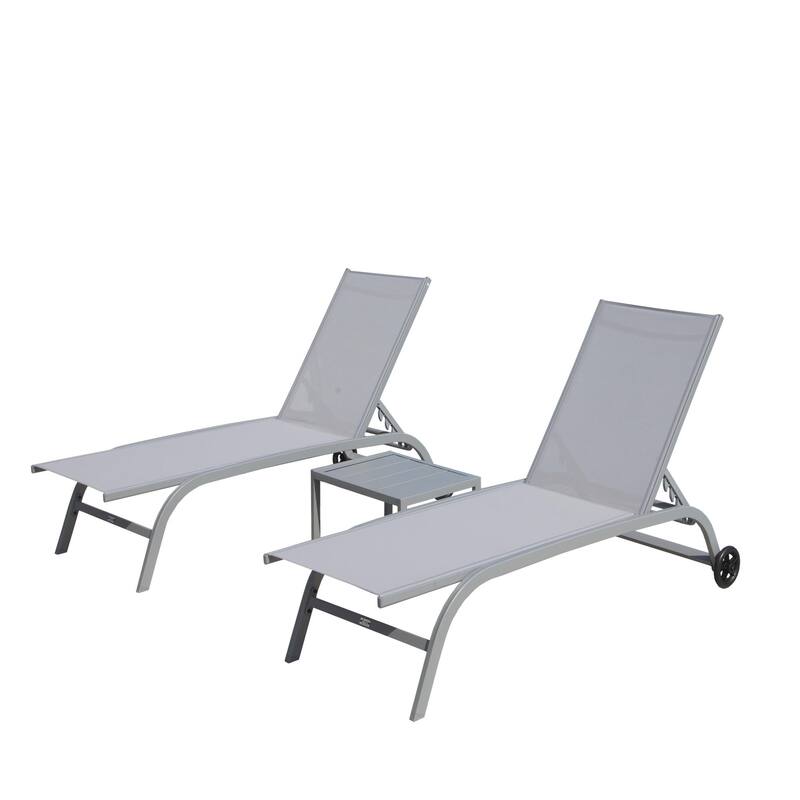 Chaise Lounge Outdoor Set of 3 with 1 Table, 5 Adjustable Position for Patio, Beach, Pool Lounge Chairs - Grey