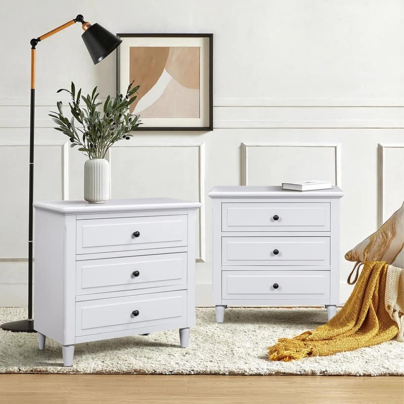 Elegant 3-Drawer Nightstand (Set of 2) Storage Cabinet Crafted from Solid Wood for Bedroom Organization - White