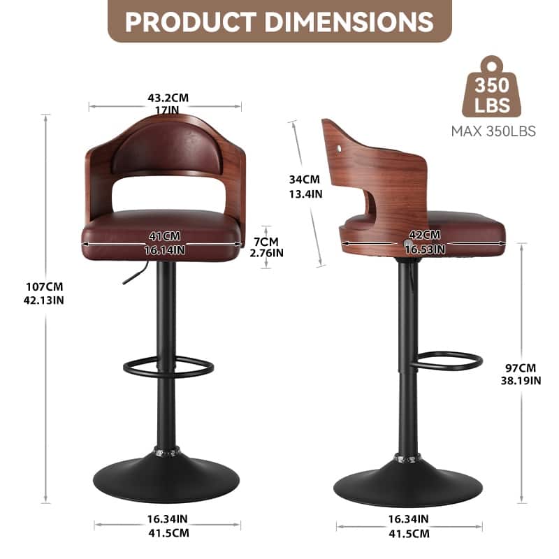 Swivel Bar Stools Set of 2 Seat Adjustable Height 24.5-33.5IN, Wooden Barstools PU Leather Upholstered Bar Chairs