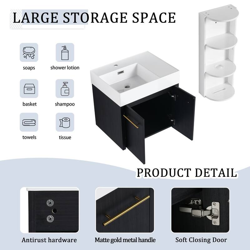 Wall mounted bathroom vanity with sink and storage shelf