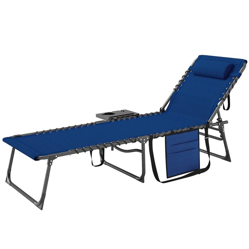 Adjustable Reclining Sun Lounger with Side Tray Pocket and Padded Head Pillow Foldable Steel Frame Oxford Fabric - Blue