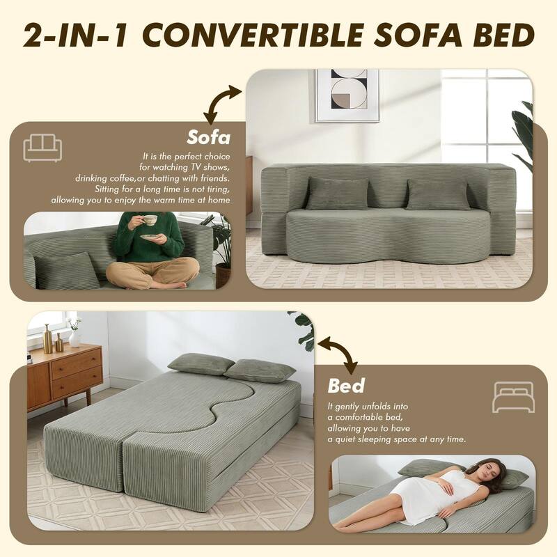 75 Inch Memory Foam 2-in-1 Foldable Sleeper Sofa Bed w/ 2 Pillows for Living Room