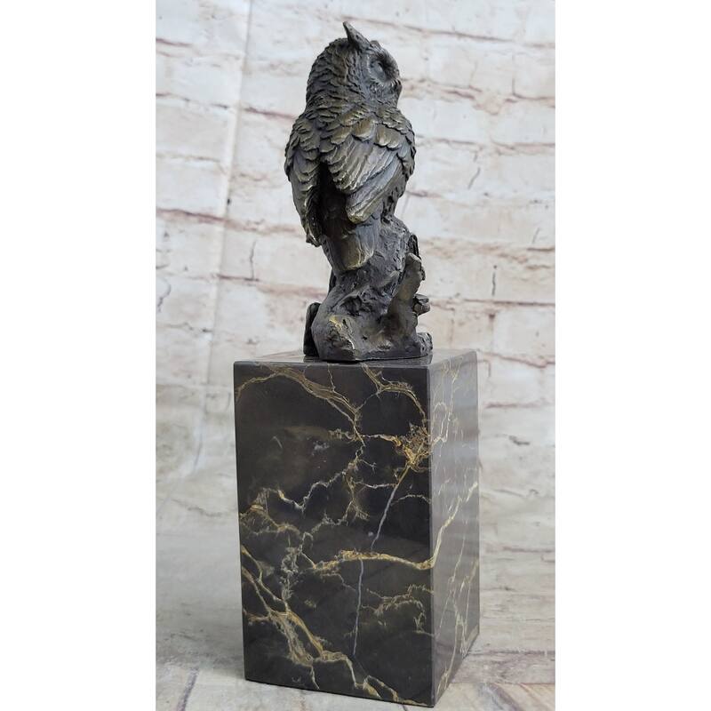 Hot Cast Bronze Metal Owl Bird On Perch Sculpture Statue Figure Marble Base Original