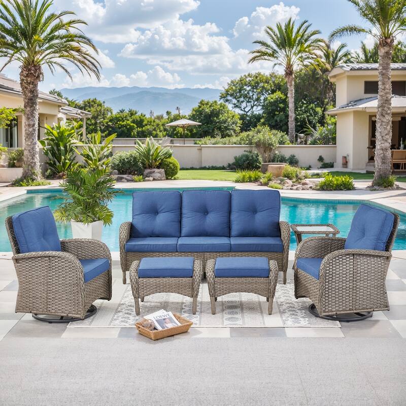 6 Pieces Patio Sofa Chairs Ottoman Grey-Blue - Grey - Grey - Blue