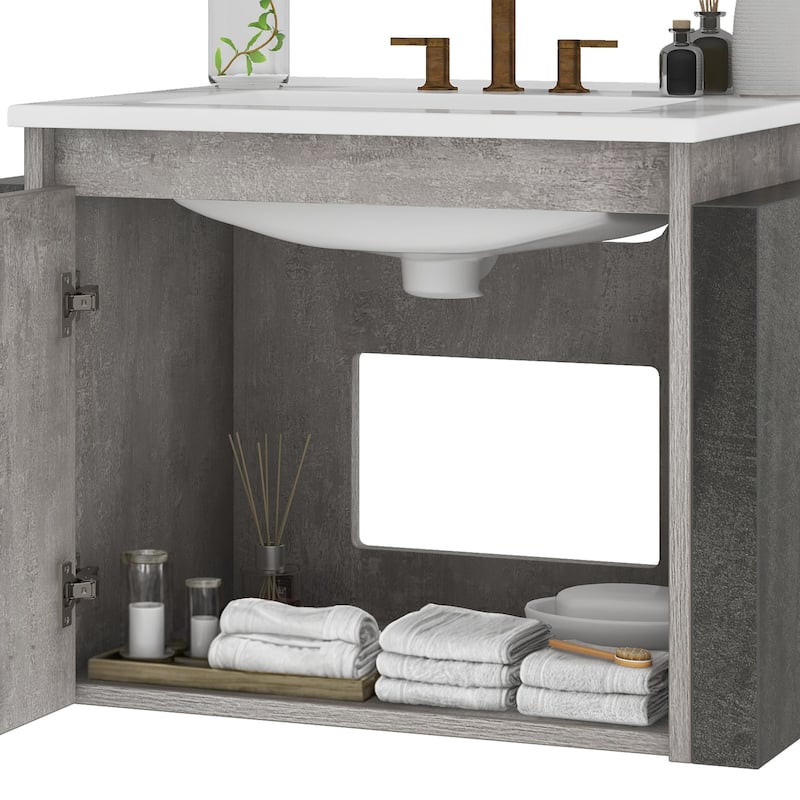 Moasis 22 Inch Wall Mounted Bathroom Vanity with Ceramic Sink and Soft Close Doors Grey