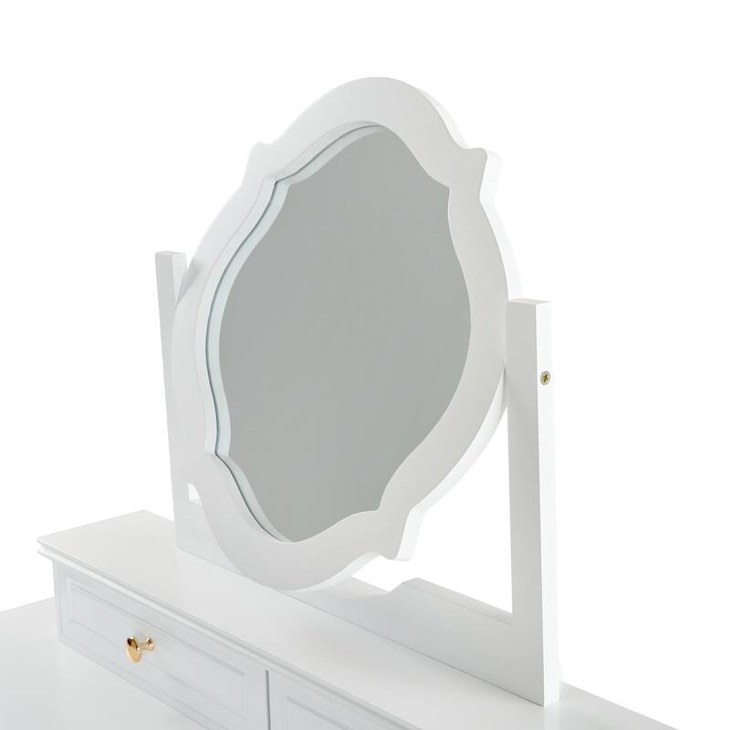 2-Piece Makeup Vanity Desk Set with PU Upholstered Stool, 5 Drawers Vanity Table Dressing Table with Swivel Vanity Mirror, White