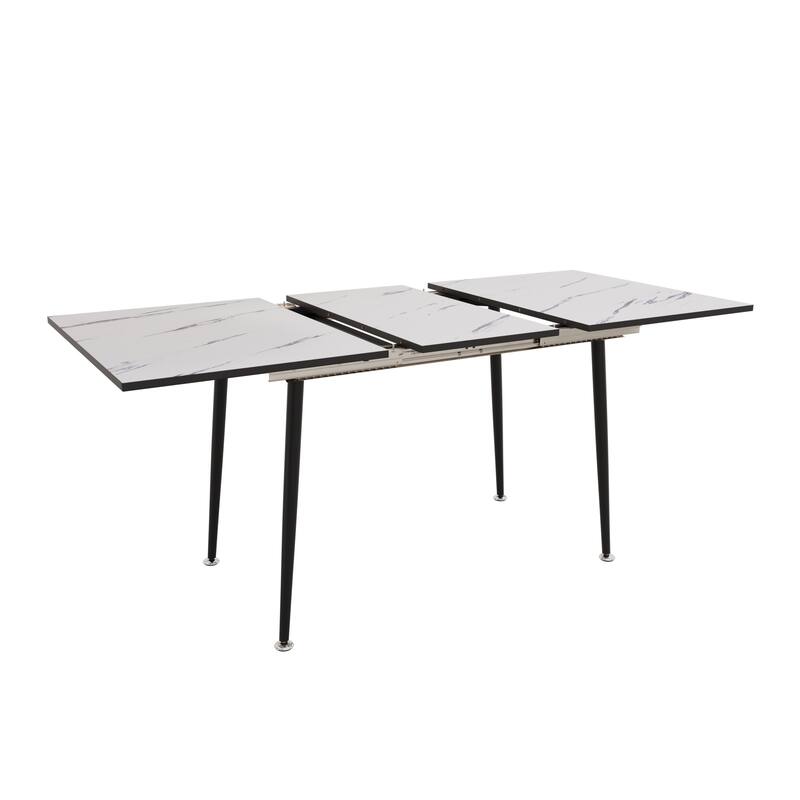Square marble patterned dining table, modern industrial kitchen and dining table, equipped with tapered black metal legs