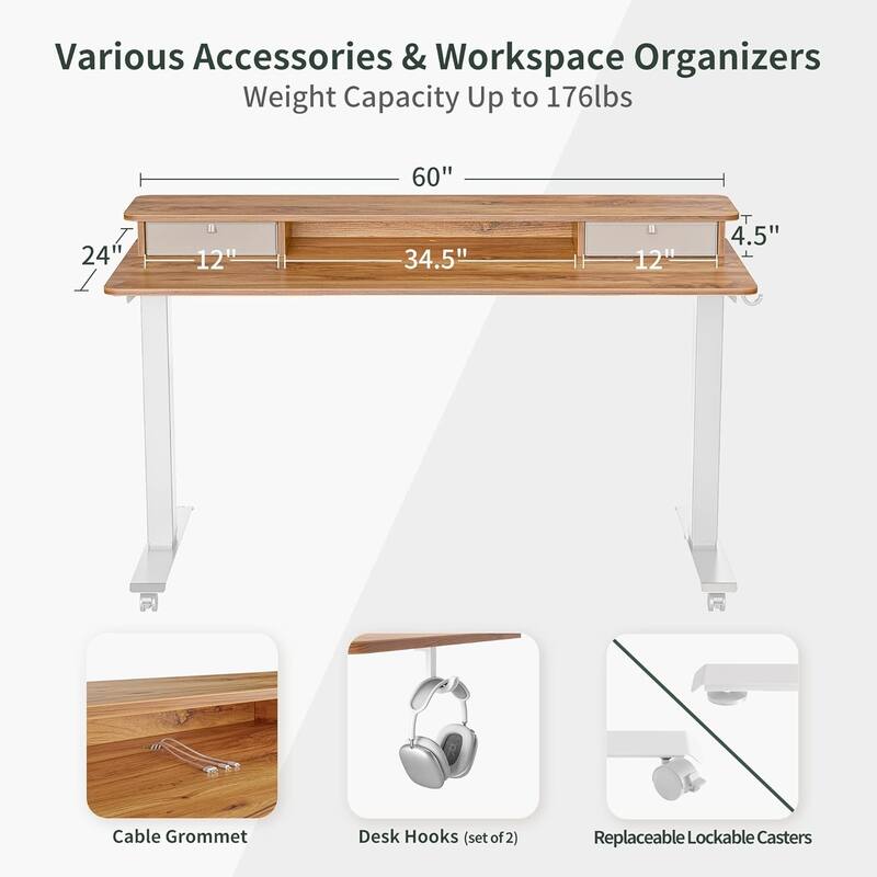 FEZIBO Height Adjustable Electric Standing Desk with Double Drawer, Stand Up Desk with Storage Shelf, Sit Stand Desk