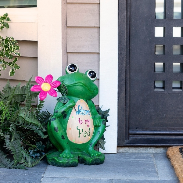 Alpine Corporation 18" Tall Outdoor Frog with Color Changing LED Lights and Welcome Sign Yard Statue