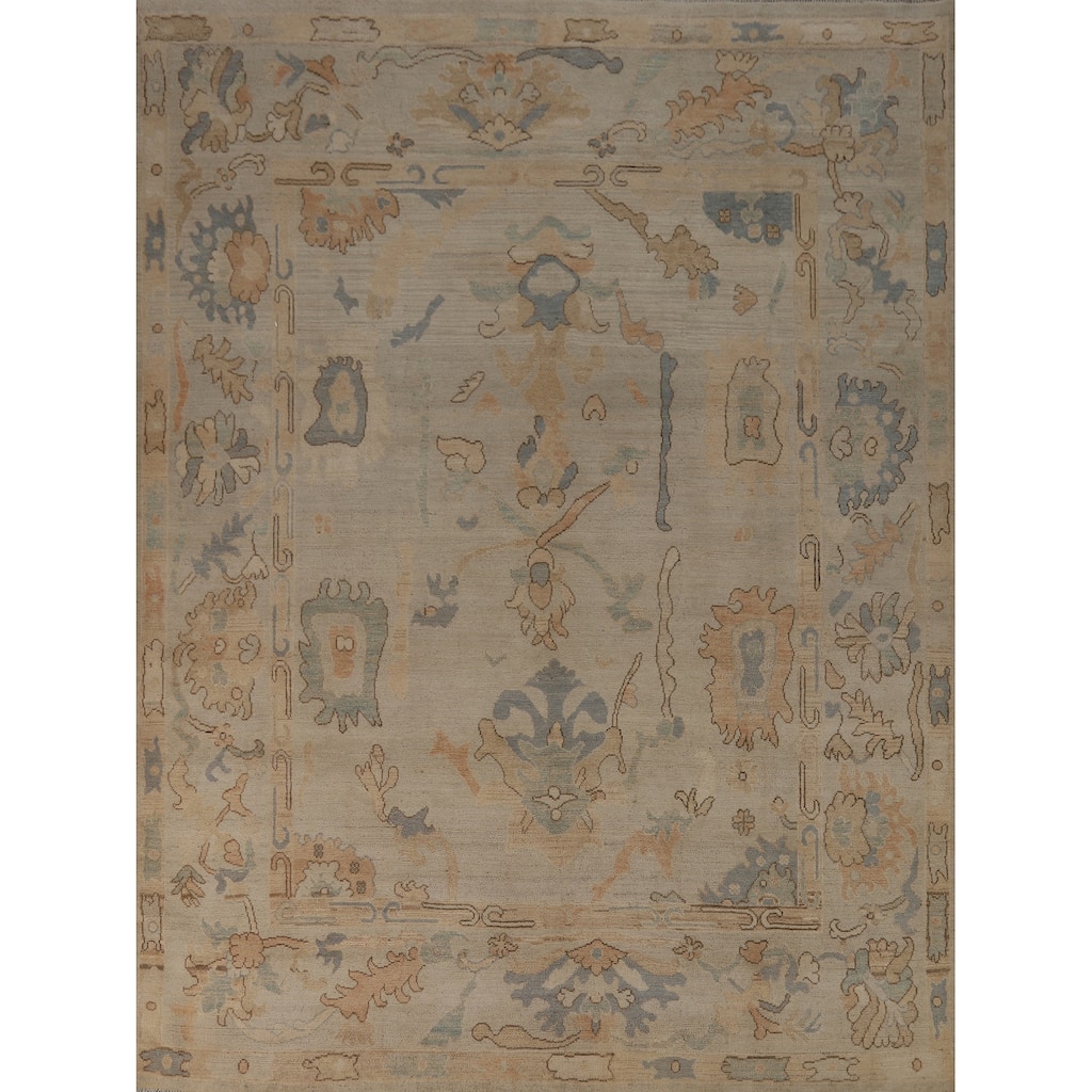 Transitional Beige Oushak Turkish Area Rug Hand-Knotted Wool Carpet - 7'11"x 9'11"