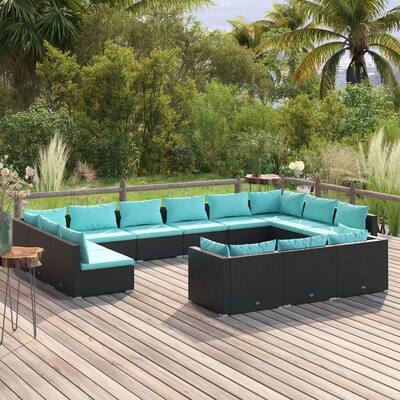 13 Piece Patio Lounge Set with Cushions Black Poly Rattan