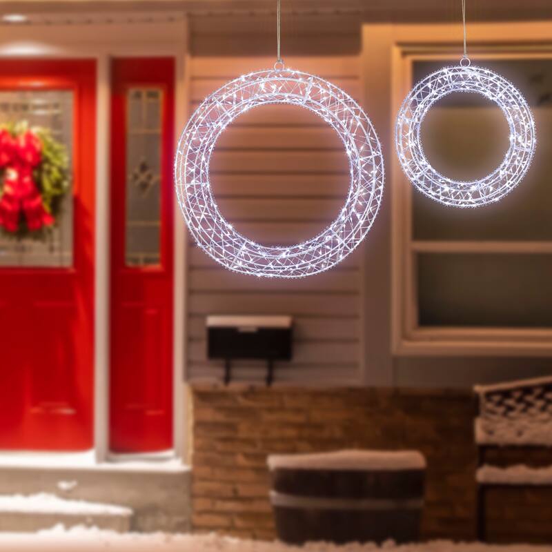 LED Lighted Hanging Christmas Wreath Decorations - 18" - Set of 2
