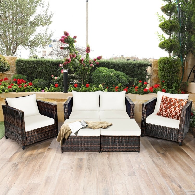 5 Pieces Patio Cushioned Rattan Furniture Set - 50" x 30.5" x 29" (L x W x H)