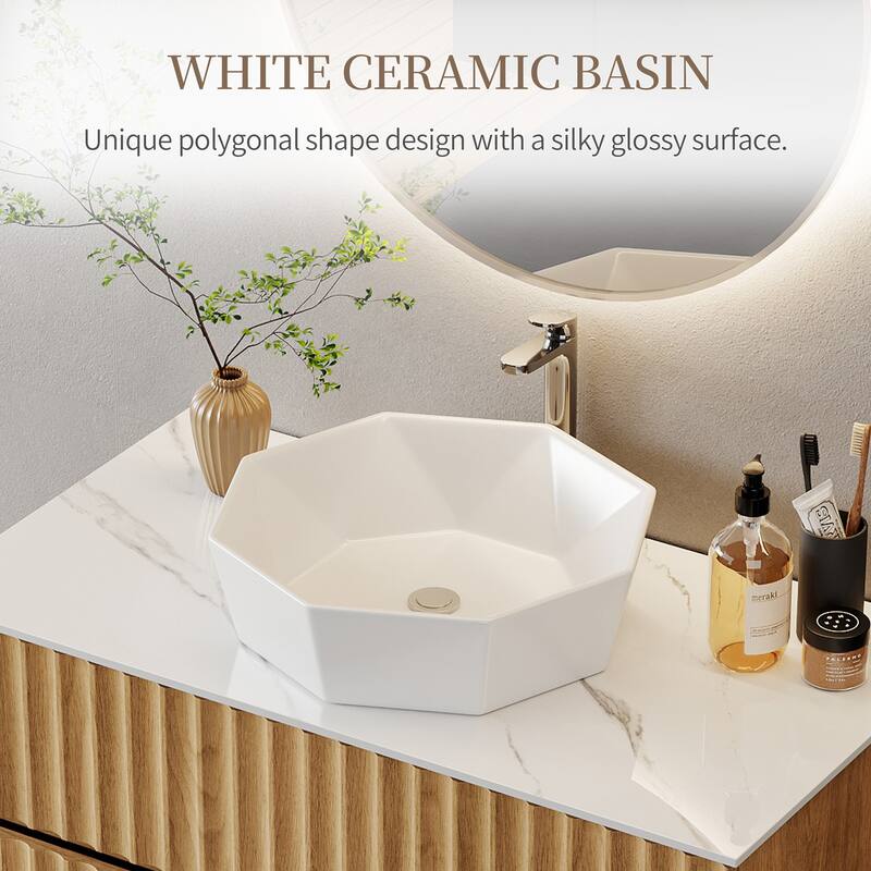 35.43" Floading Single Bathroom Vanities, With 2 Drawers, Glossy Sintered Stone Top, Light Wood