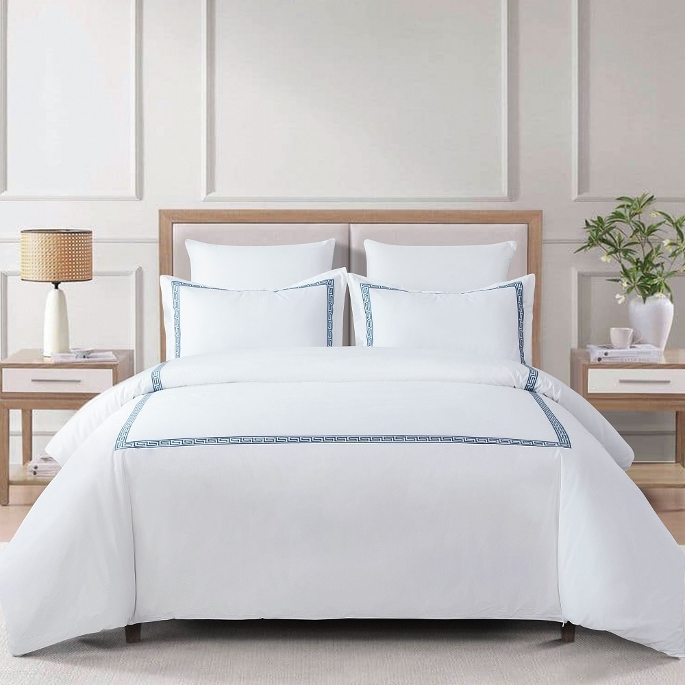 Greek Key Embroidered 200TC Cotton Duvet Cover Set