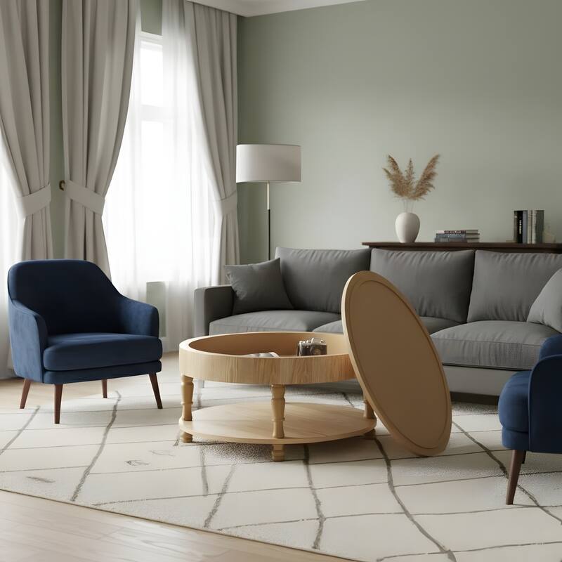 31.5" Modern Round Flip-top Coffee Table with Hidden Compartment - Natural Wood