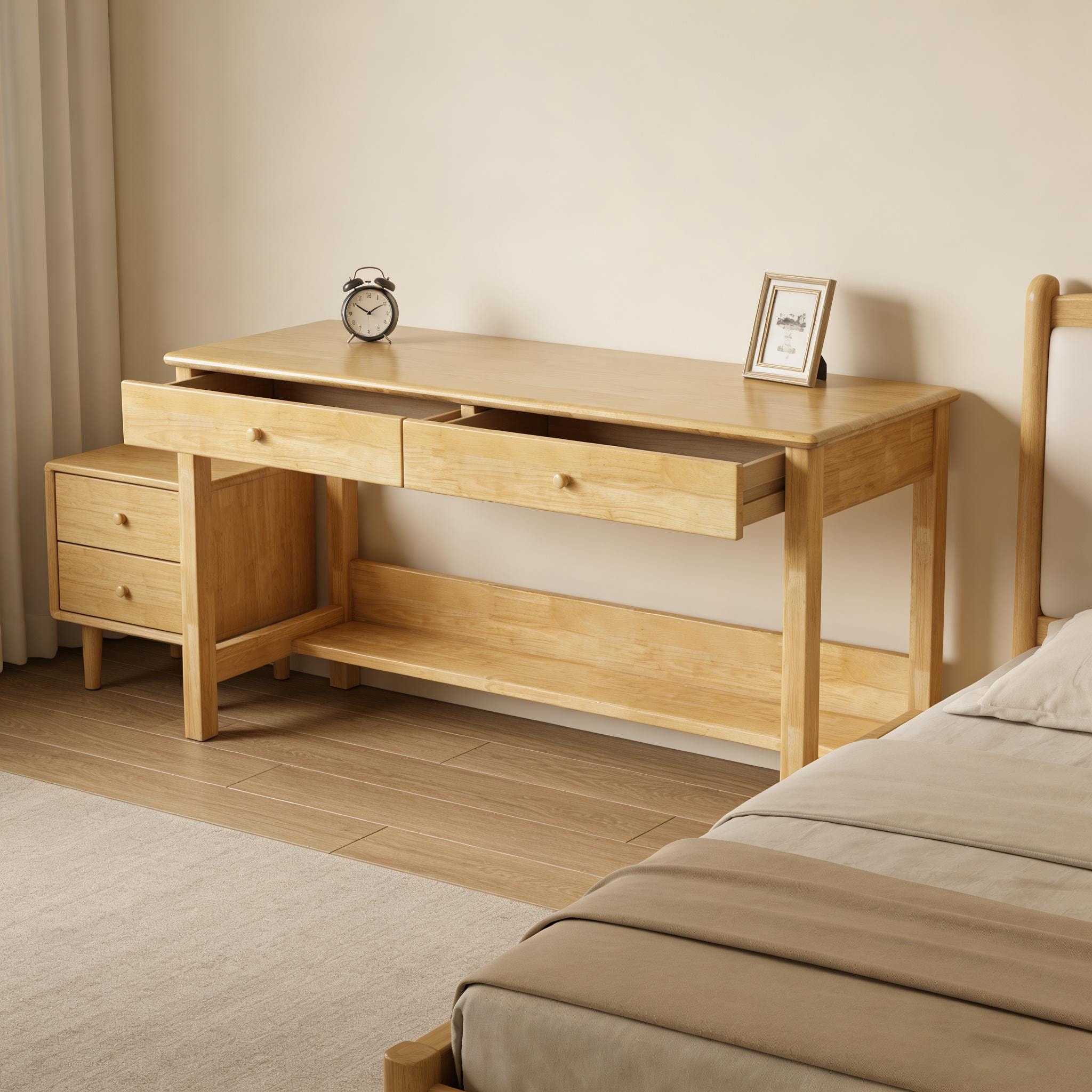 Solid Wood Writing Desk with Drawers and Storage Shelf