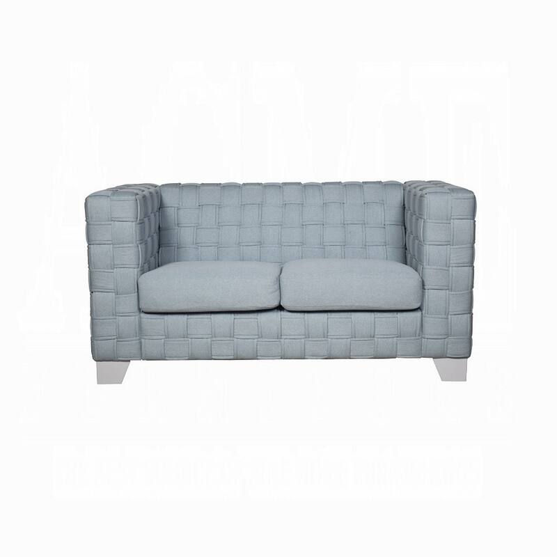Reah Loveseat, Knitted Light Blue Chenille, White Wood Legs, 63 Inch