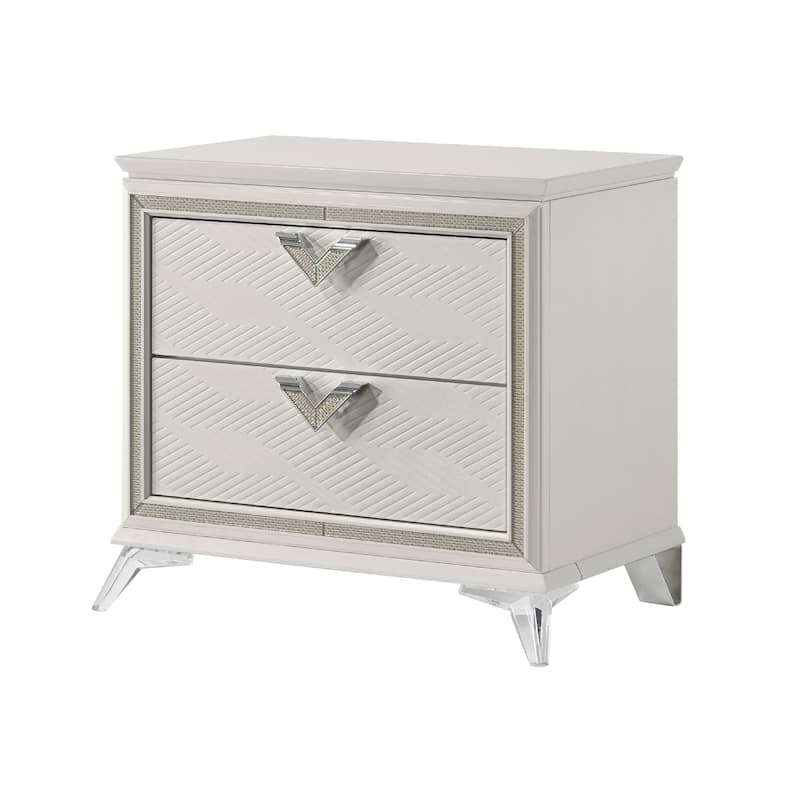 Dery Nightstand, 2 Drawers Chrome Triangle Handles, Gold White Wood