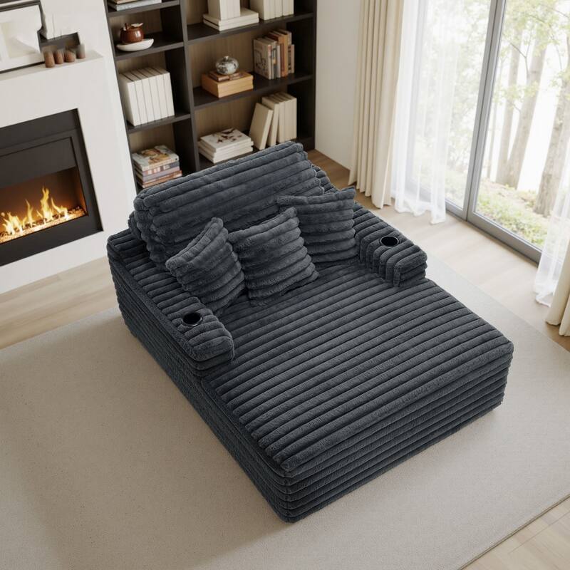 53"W Oversized Plush Fur-Like Chaise Lounge Sofa with Cup Holder