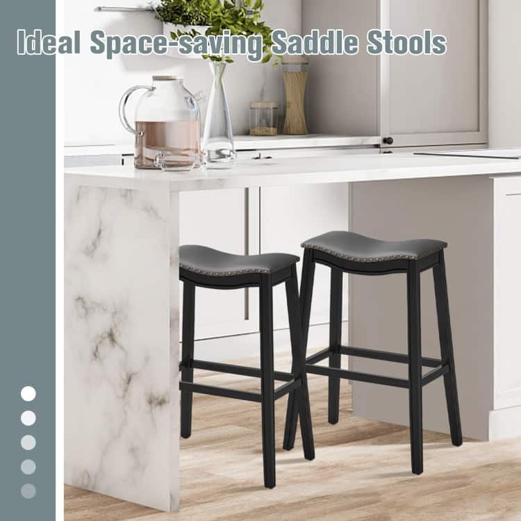 29 Inch Set of 2 Backless Wood Nailhead Barstools with PVC Leather Seat - 20" x 13" x 29" (L x W x H)