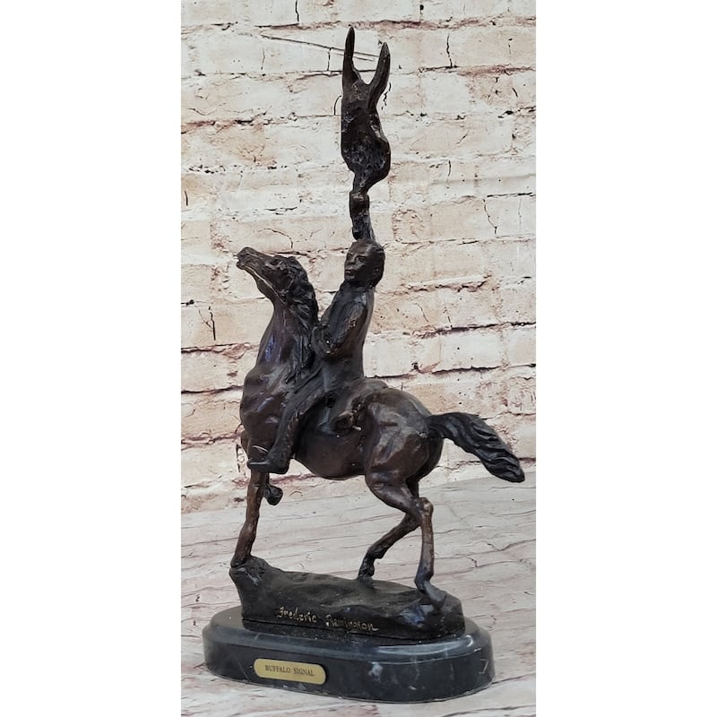 Buffalo Signal Frederic Remington Bronze Desktop Statue Sculpture Western 13 Inches X 9 Inches