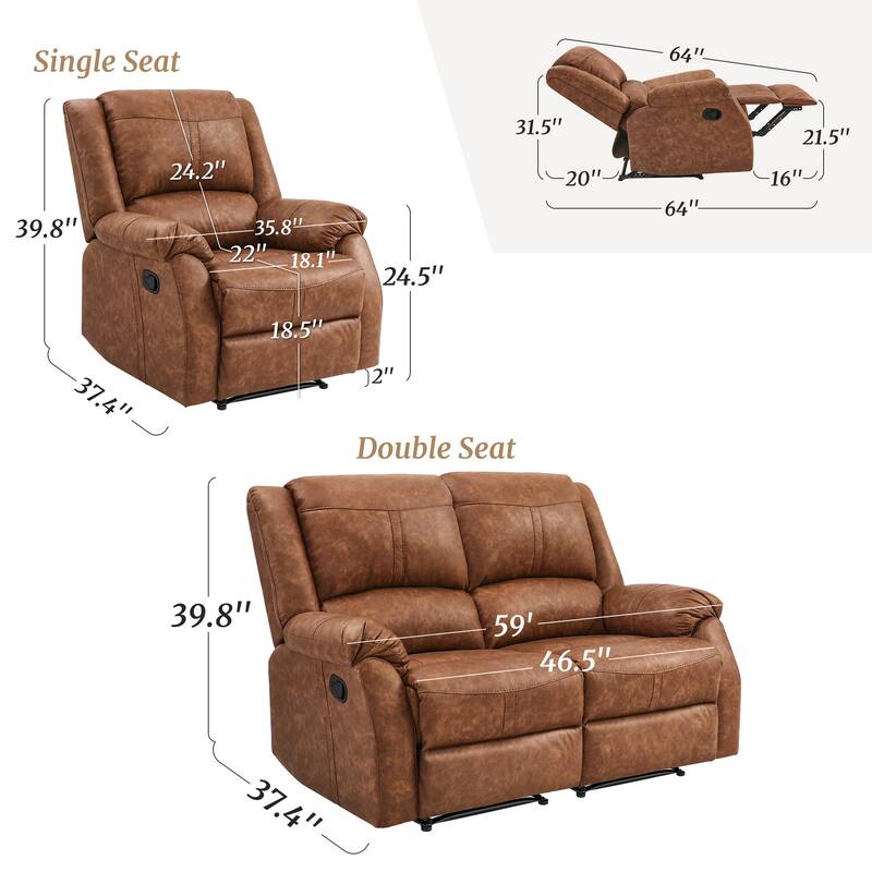 Recliner Set Of 2, Manual Recliner Chair, 2-Piece Faux Leather Upholstered Recliner Sofa For Living Room