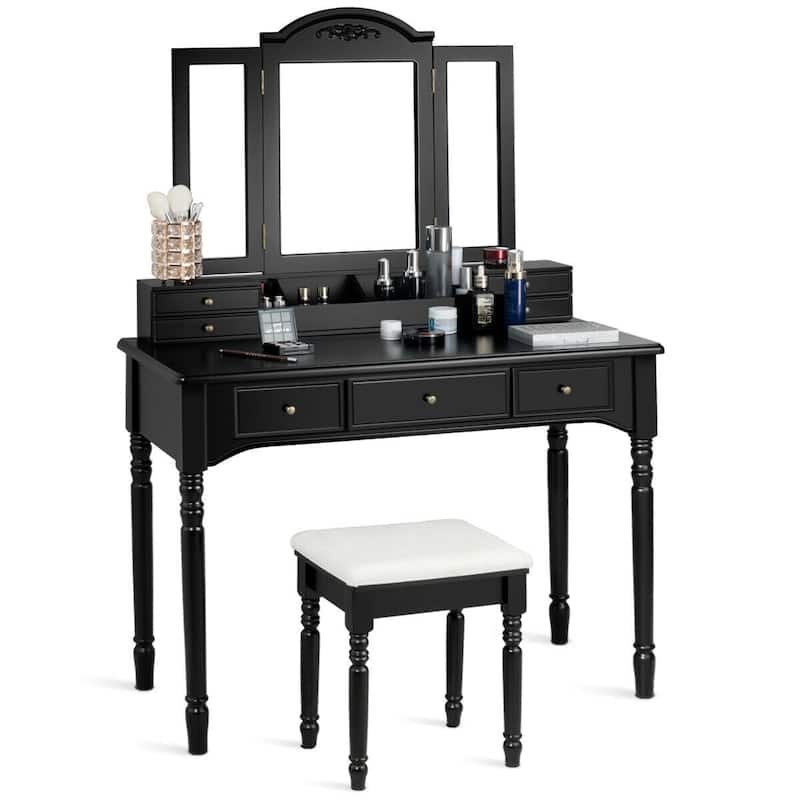 Gymax 7 Drawers Vanity Set Dressing Table w/ Tri-Folding Mirror Black