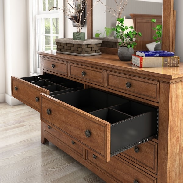 modular dresser SICOTAS 53.6" Wide 6 Drawer Modular Rattan Dresser for Bedroom, Long Modern Chest of Drawers with Pop-Up Drawers%& Unique Rattan Design, Amber Oak