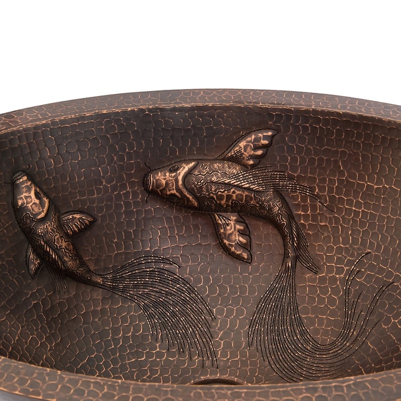 19-in Oval Under Counter Hammered Copper Bathroom Sink with Koi Fish Design (LO19FKOIDB)