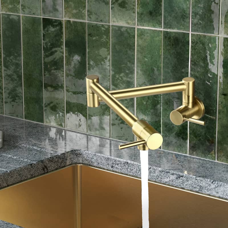 2-Handle Wall Mounted 180°horizontal rotation Pot Filler in Brushed Gold