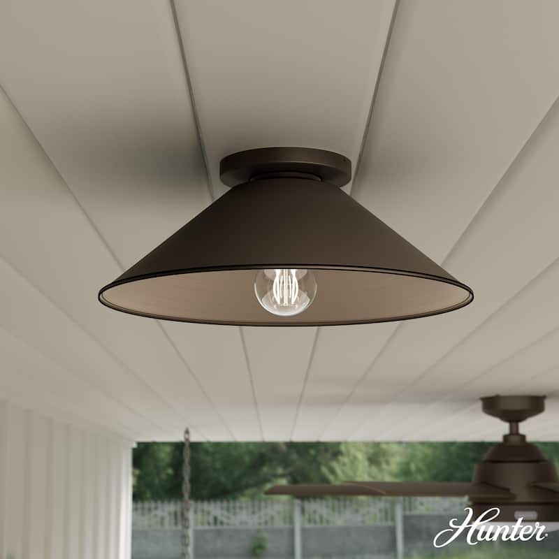Hunter Skyflow Outdoor 1-Light 14" Flush Mount Ceiling Light - Transitional, Modern Rustic - Wet-Rated! - Matte Bronze