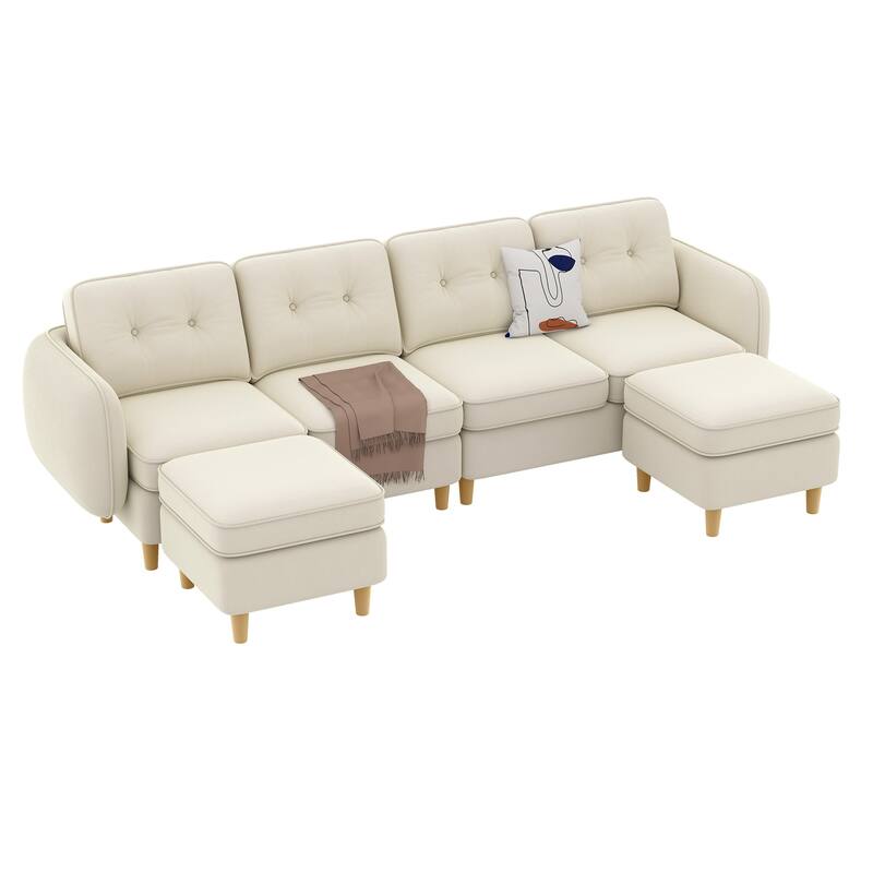 Moasis Modular Sectional Sofa, Velvet 6-Seater L/U-Shaped Couch with Tufted Backrest for Living Room, Beige