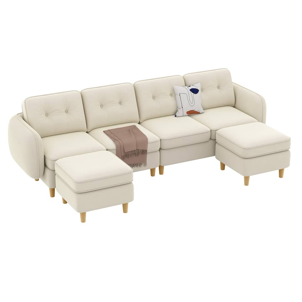 Moasis Modular Sectional Sofa, Velvet 6-Seater L/U-Shaped Couch with Tufted Backrest for Living Room, Beige