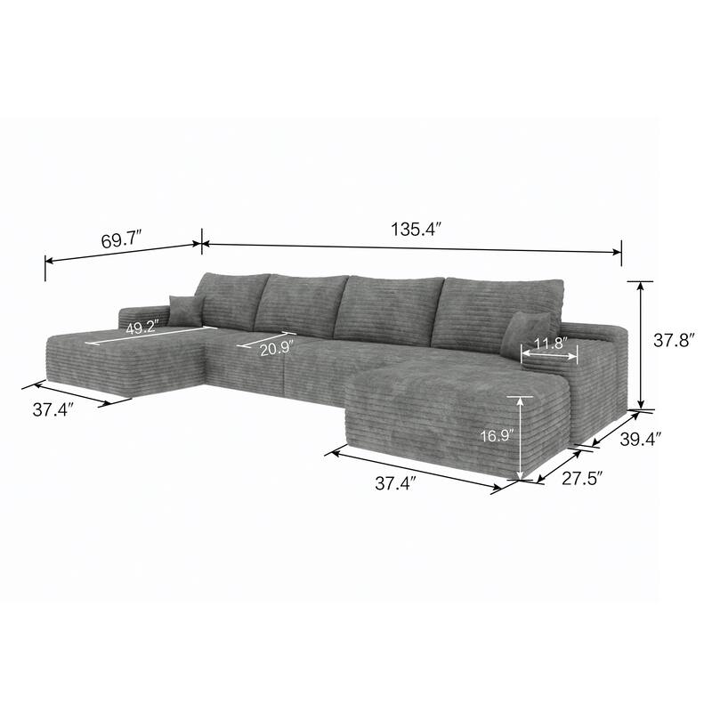 U Shaped Modular Sectional Sofa with Ottoman & Chaise, Corduroy Upholstered Boneless Couch, Corner Deep Seat Compressed Sofa