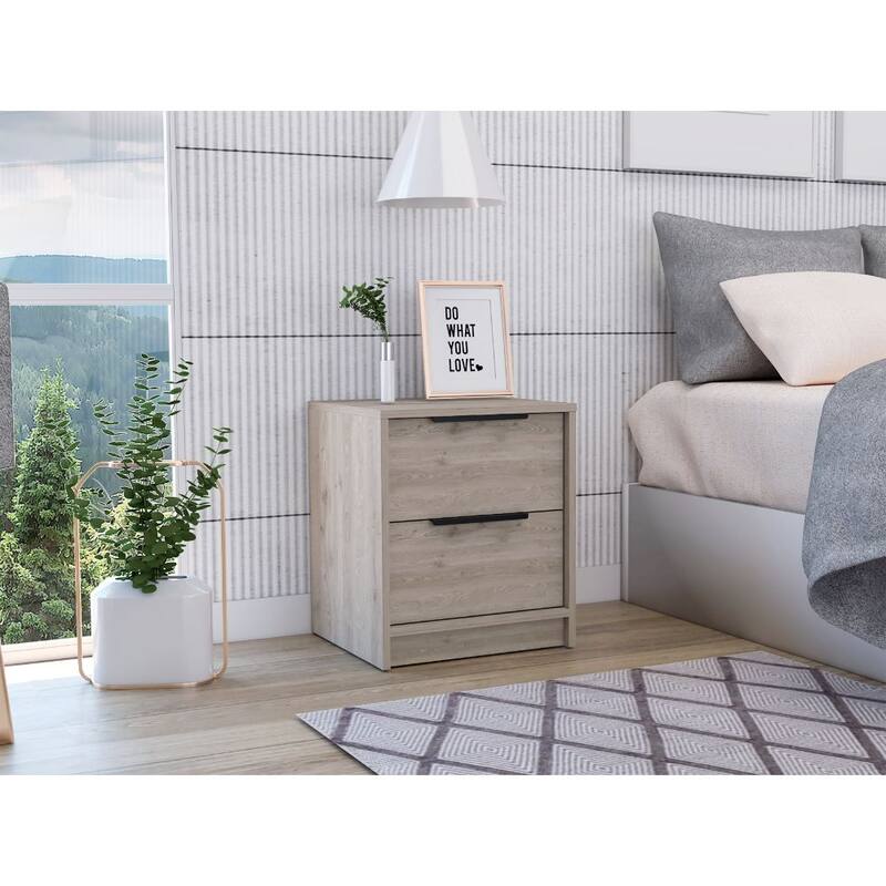 Modern 2-Drawer Nightstand with Metal Handles, Light Gray Finish - Compact Side Table for Bedroom or Living Room - Gray