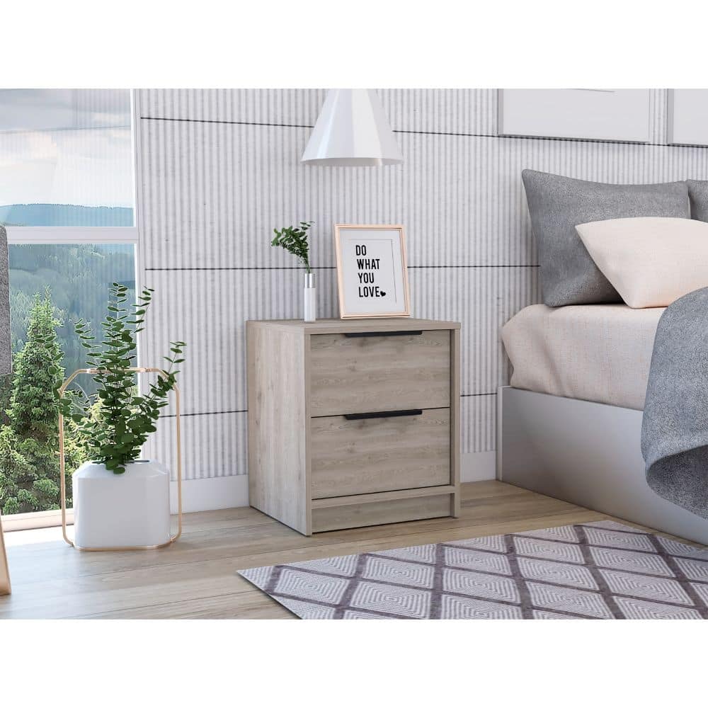 Modern 2-Drawer Nightstand with Metal Handles, Light Gray Finish - Compact Side Table for Bedroom or Living Room