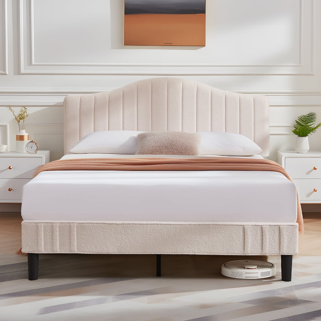 VECELO Upholstered Bed Frames, Platform Beds with Height Adjustable Teddy Fabric Headboard, 7.9'' Under Bed Space