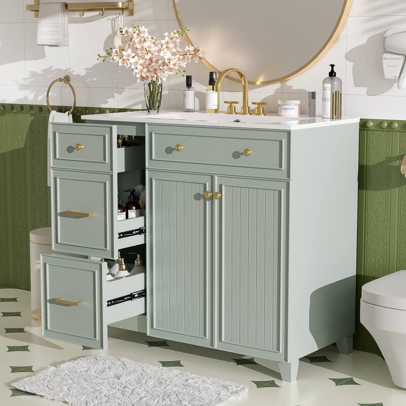 36" Bathroom Vanity with Ceramic Sink, Standard and Double-Layer Drawers, Soft Close Doors, Adjustable Shelves