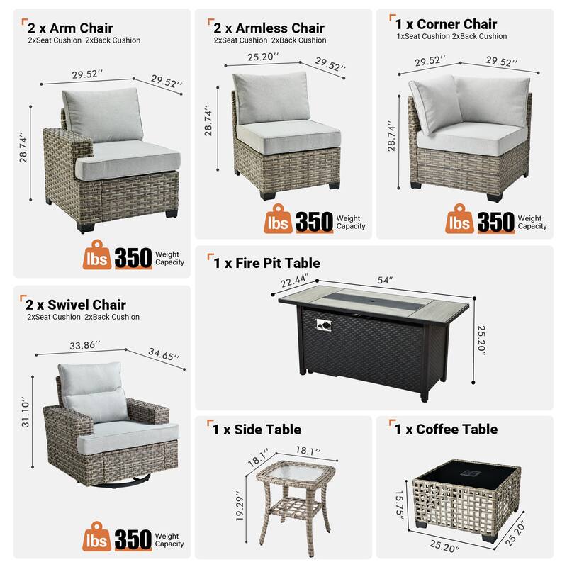 OVIOS 10 Pieces T shaped Seat Wide Armrest Swivel Chair Set With Solar-Powered Table&Fire Pit