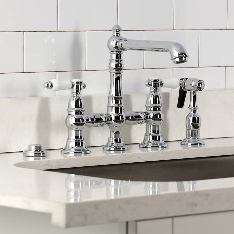 Kingston Brass Bel-Air Two-Handle 4-Hole Deck Mount Bridge Kitchen Faucet with Brass Side Sprayer