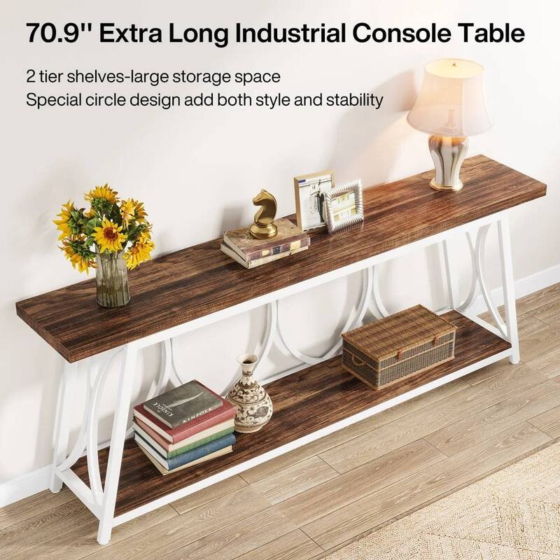 Wood Top Particleboard Steel Console Table with Shelf - 70.87” L x 31.50” H x 11.81” D